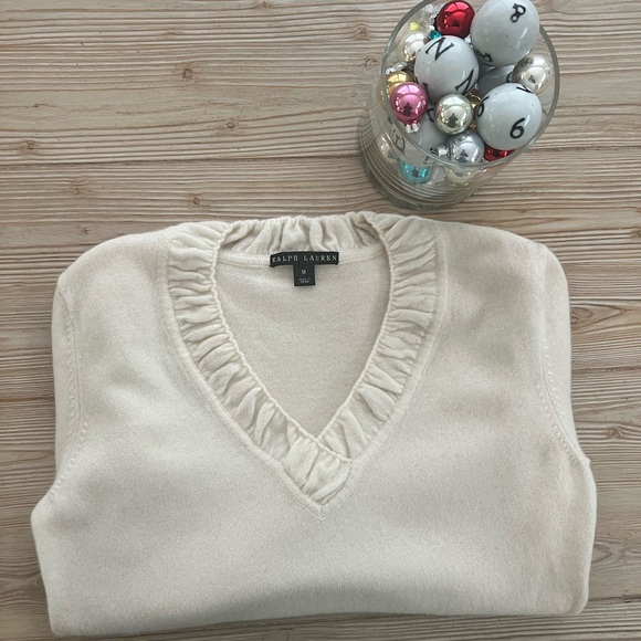 Ralph Lauren Sweaters - Ralph Lauren 100% Cashmere Ruffle V-Neck Sweater – Ivory, Size M